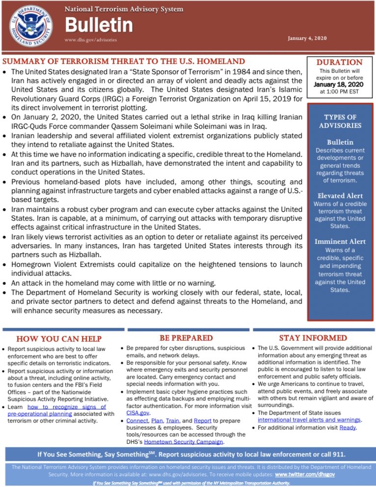 DHS Iran Warning statement