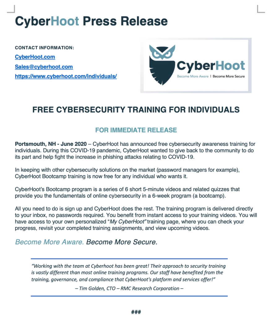 cyberhoot press release