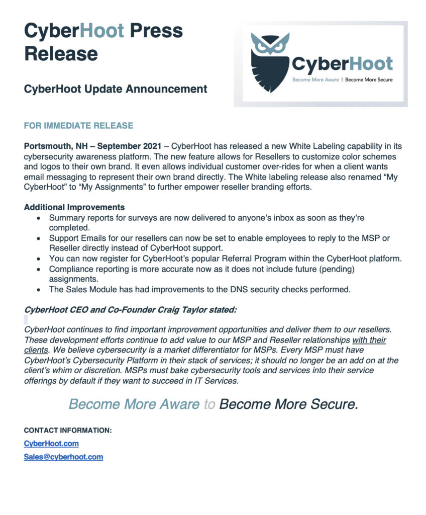 cyberhoot september press release