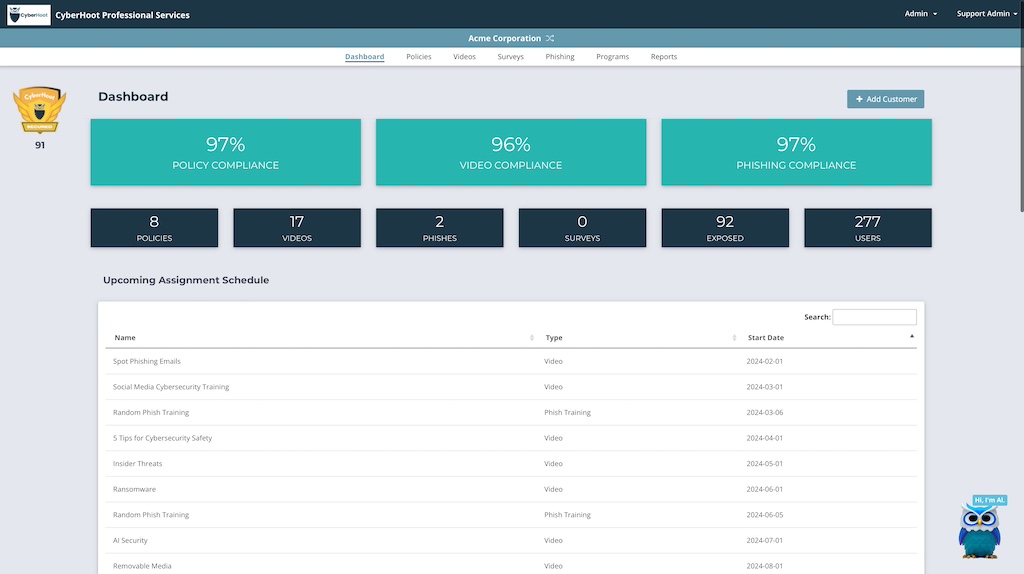 CyberHoot's powerful multi-tenant platform designed for partners and MSPs to provide automated and full control over cybersecurity training, phish testing, policy compliance, and Dark Web monitoring.